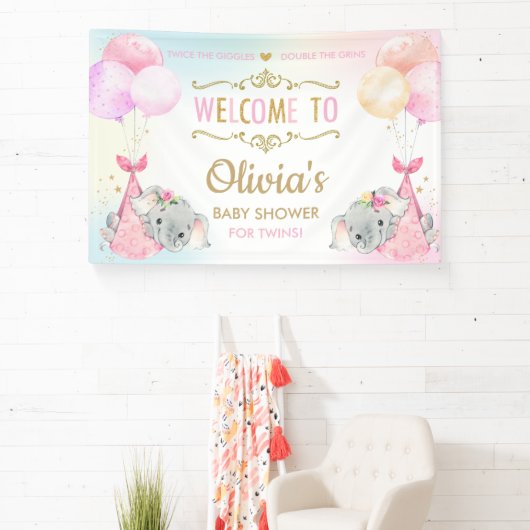 Schattige Olifanten Twin Meisjes Baby shower Achte Spandoek (Insitu)