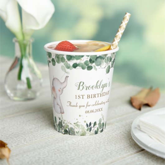 Schattige olifantengroen genderneutraal 1e verjaar papieren bekers (Insitu)