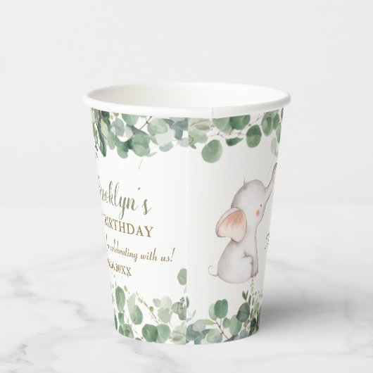 Schattige olifantengroen genderneutraal 1e verjaar papieren bekers (Rechts)