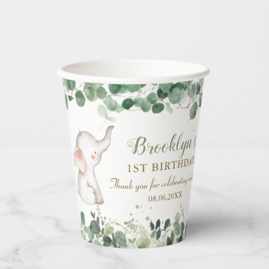 Schattige olifantengroen genderneutraal 1e verjaar papieren bekers (Voorkant)