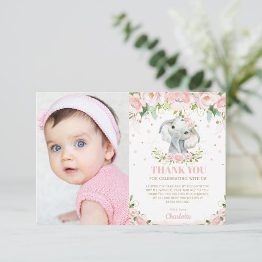 Schattige olifantenroze griesmeisje, 1e verjaardag bedankkaart (Staand voorkant)