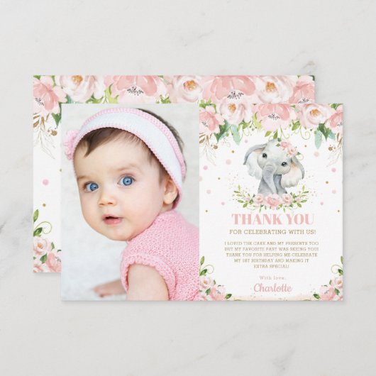 Schattige olifantenroze griesmeisje, 1e verjaardag bedankkaart (Voorkant / Achterkant)