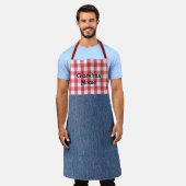 Schattige Oma Rood & Wit Check Blauw Denim Print Schort (Gedragen)