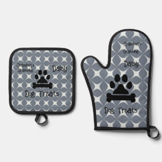 Schattige Oma's Granddog Geometric Wit en Grijs Ovenwant & Pannenlap Set