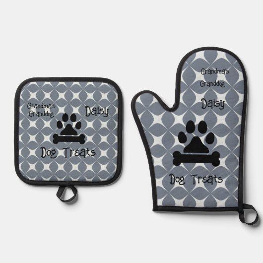 Schattige Oma's Granddog Geometric Wit en Grijs Ovenwant & Pannenlap Set (Voorkant)