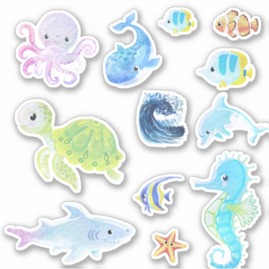 Schattige Onder de Zee Creatures Waterverf Sticker (Voorkant)