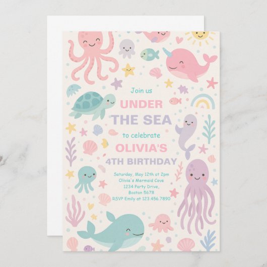 Schattige onder de Zee verjaardagsfeestuitnodiging Kaart (Voorkant / Achterkant)
