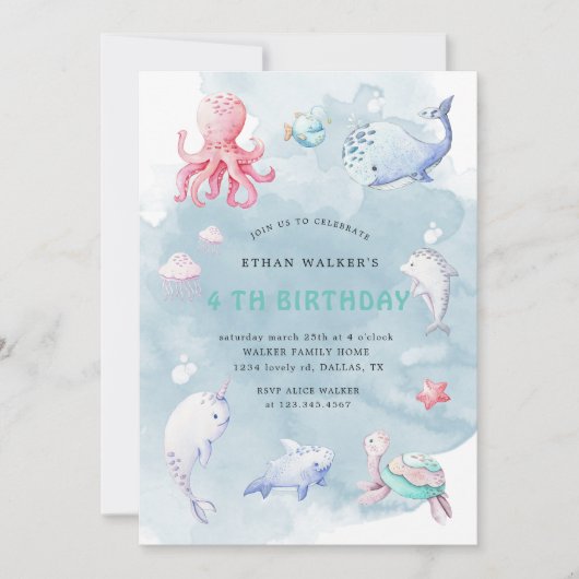Schattige onder de Zee Waterverf Verjaardagsuitnod Kaart (Voorkant)