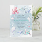 Schattige onder de Zee Waterverf Verjaardagsuitnod Kaart (Staand voorkant)
