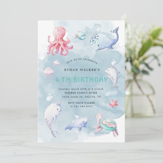 Schattige onder de Zee Waterverf Verjaardagsuitnod Kaart (Staand voorkant)