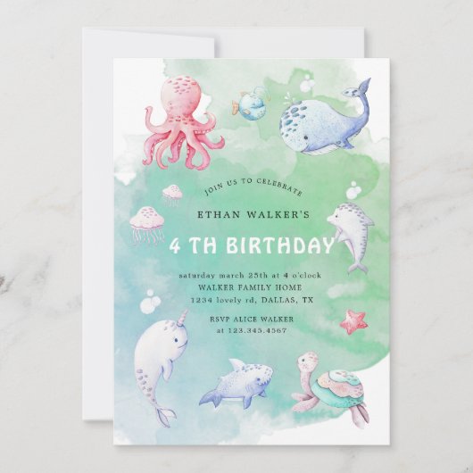 Schattige onder de Zee Waterverf Verjaardagsuitnod Kaart (Voorkant)