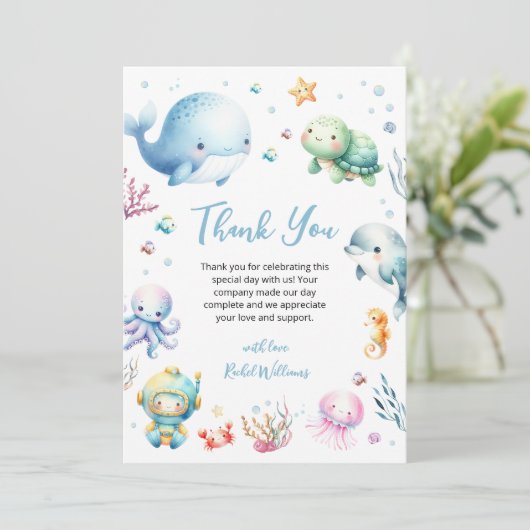 Schattige onder het zee Baby shower Bedankkaart (Staand voorkant)