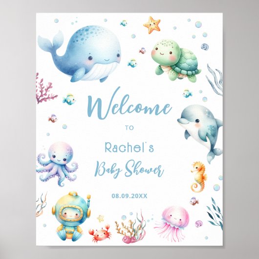 Schattige onder het Zee Blauw Baby shower Welkom Poster (Voorkant)