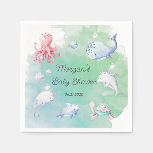 Schattige Onder het Zee Creatures Baby shower Mono Servet (Voorkant)