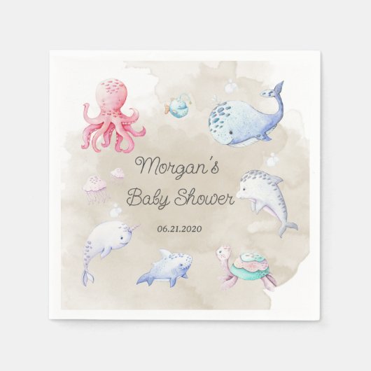 Schattige Onder het Zee Creatures Baby shower Mono Servet (Voorkant)