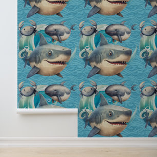 Schattige onder het zee haai walvis krab oceaan ki behang