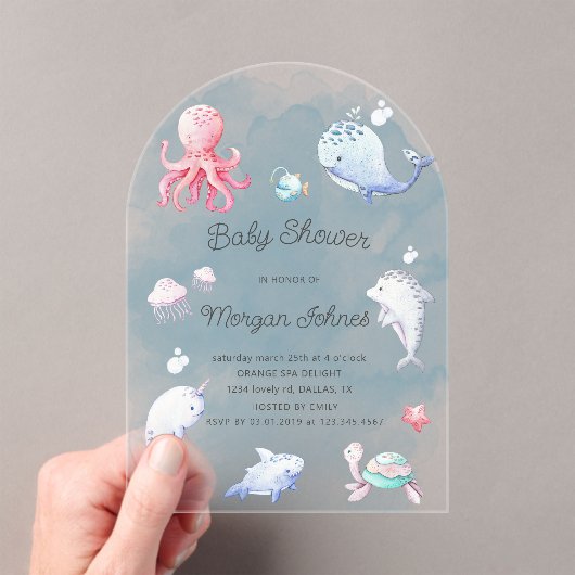 Schattige Onder het Zee Waterverf Baby shower Acryl Uitnodigingen (Insitu (Draagbaar))