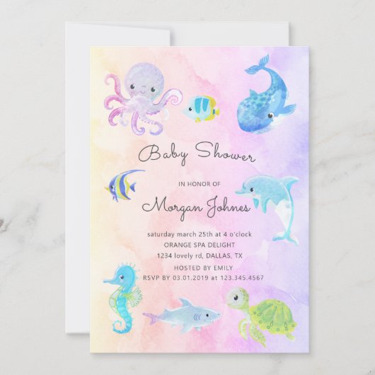 Schattige Onder het Zee Waterverf Baby shower Uitn (Voorkant)