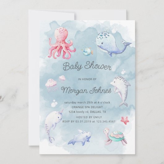 Schattige Onder het Zee Waterverf Baby shower Uitn (Voorkant)