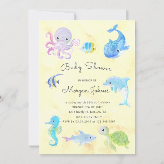 Schattige onder het Zee Waterverf Baby shower Uitn (Voorkant)