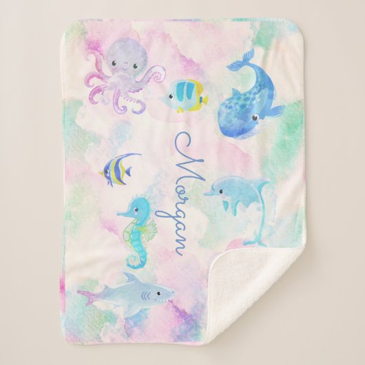 Schattige Onder het Zee Waterverf Monogram Sherpa Deken (Voorkant)