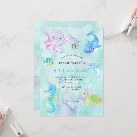 Schattige Onder het Zee Waterverf Verjaardagsuitno Kaart (Voorkant / Achterkant in situ)