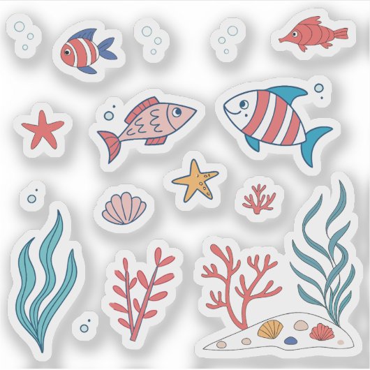 Schattige onder water thema Vissen Zeester Planten Sticker (Voorkant)
