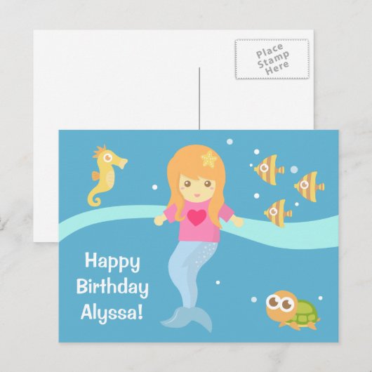 Schattige Onderwater Kleine Zeemeermin Happy Birth Briefkaart (Voorkant / Achterkant)
