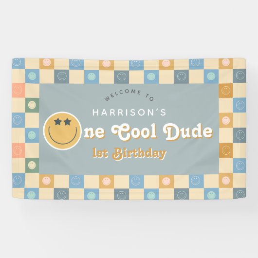 Schattige One Cool Dude Boys Retro 1e Verjaardag W Spandoek (Horizontaal)