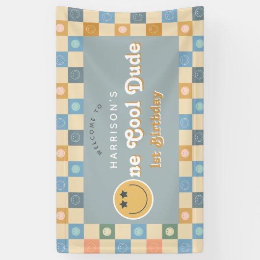 Schattige One Cool Dude Boys Retro 1e Verjaardag W Spandoek (Verticaal)