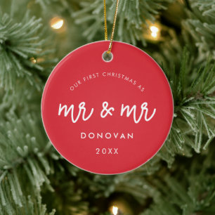 Schattige Onze eerste kerst als Mr & Mr Red Keramisch Ornament