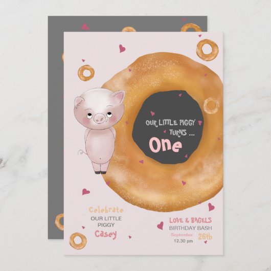 Schattige "ONZE KLEINE VARKEN" | "Liefde & Bagels" Kaart (Voorkant / Achterkant)