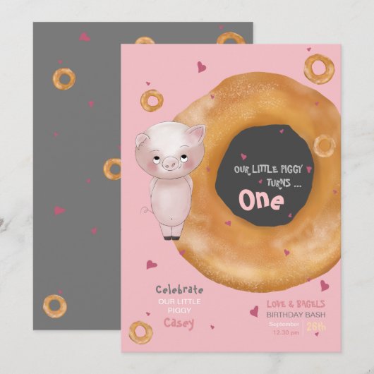 Schattige "ONZE KLEINE VARKEN" | "Liefde & Bagels" Kaart (Voorkant / Achterkant)