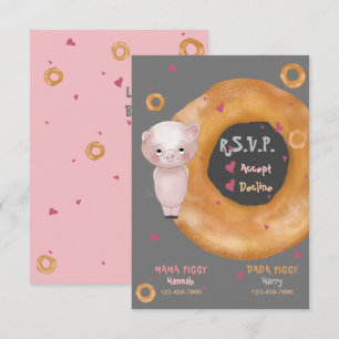 Schattige "ONZE KLEINE VARKEN"   "Liefde & Bagels" RSVP Kaartje