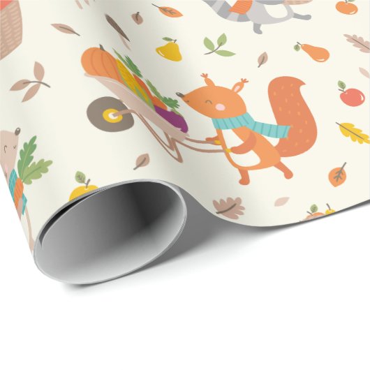 Schattige Oogst Herfst dieren met groenten op crèm Cadeaupapier (Rol Hoek)