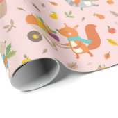 Schattige Oogst Herfst dieren met groentes op roze Cadeaupapier (Rol Hoek)