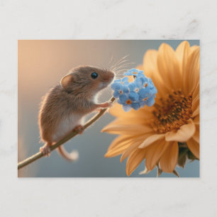 Schattige Oogstmuis Snuift aan Blauwe Vergeet-mij- Feestdagenkaart