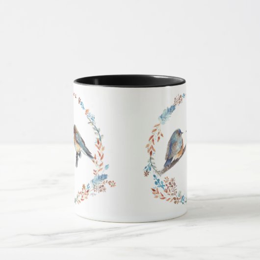 Schattige oostelijke Bluebird Couple Floral Wreate Mok (Midden)