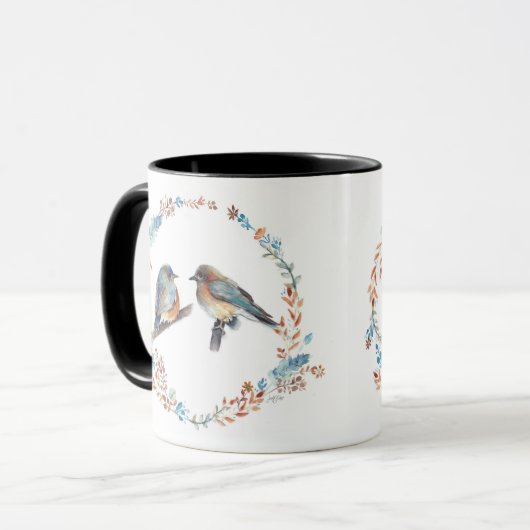 Schattige oostelijke Bluebird Couple Floral Wreate Mok (Voorkant links)