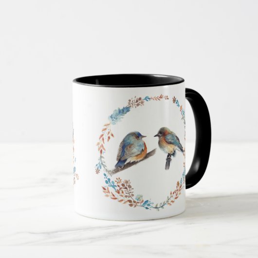 Schattige oostelijke Bluebird Couple Floral Wreate Mok (Voorkant rechts)