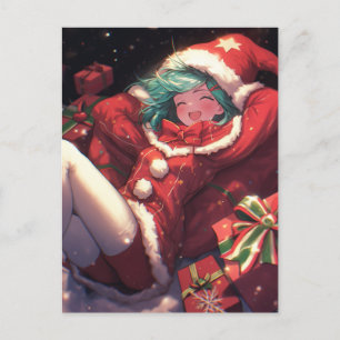 Schattige Opgewonden Kerstman Gifts Anime Meisje Feestdagenkaart