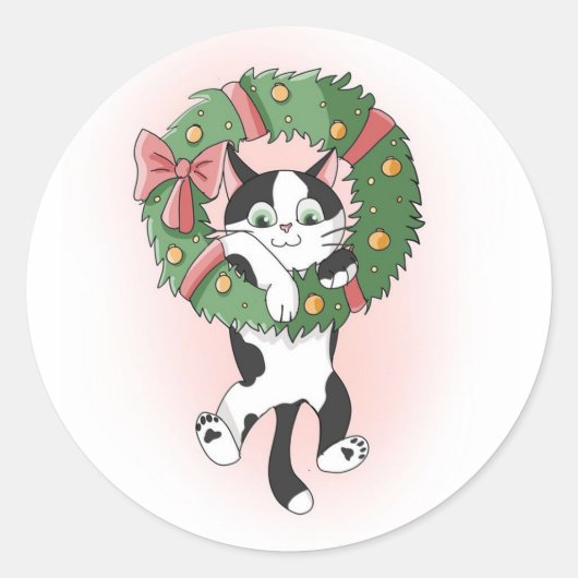Schattige opknoping kerst Cartoon Kat Ronde Sticker (Voorkant)