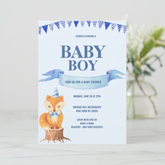 Schattige Oranje Blauw Waterverf Fox Boy Baby show Kaart (Staand voorkant)