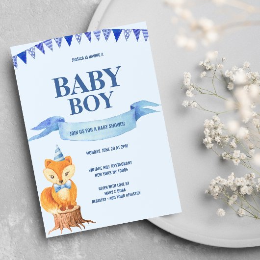 Schattige Oranje Blauw Waterverf Fox Boy Baby show Kaart