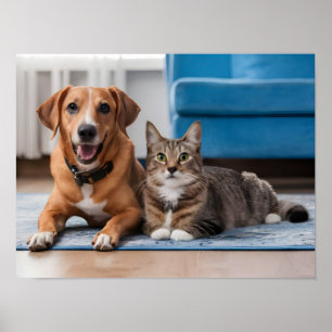 Schattige Oranje Hond en Kat Snuggling op een Tapi Poster