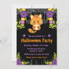 Schattige Oranje Kat Bloemrijke Halloween Feest Kaart