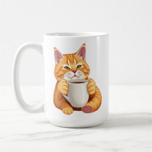 Schattige Oranje Kat Drinkt Koffie Grappige Rossig Koffiemok