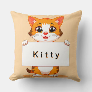 Schattige oranje kat houdt een blanco bord vast kussen