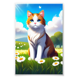 Schattige oranje kat in een madeliefjesveld foto afdruk