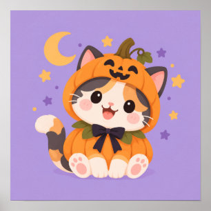 Schattige oranje kat in pompoen kostuum Halloween Poster